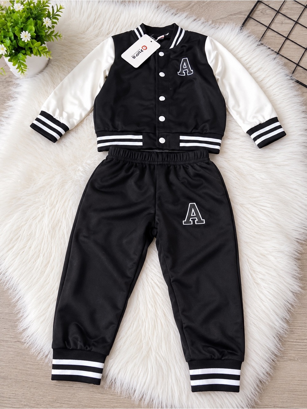 Kids Black and White Varsity Jacket & Jogger Set - Brand
